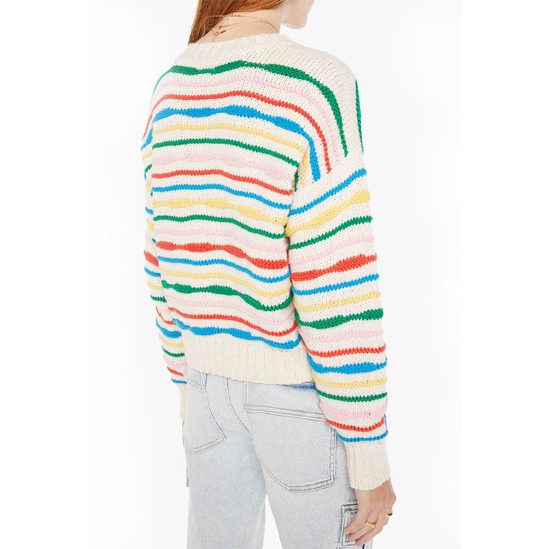 Back view of a person wearing the same rainbow striped sweater. The horizontal stripes continue around the back, and the person is standing slightly turned to the side, showing the sweater's fit and design from a different angle.