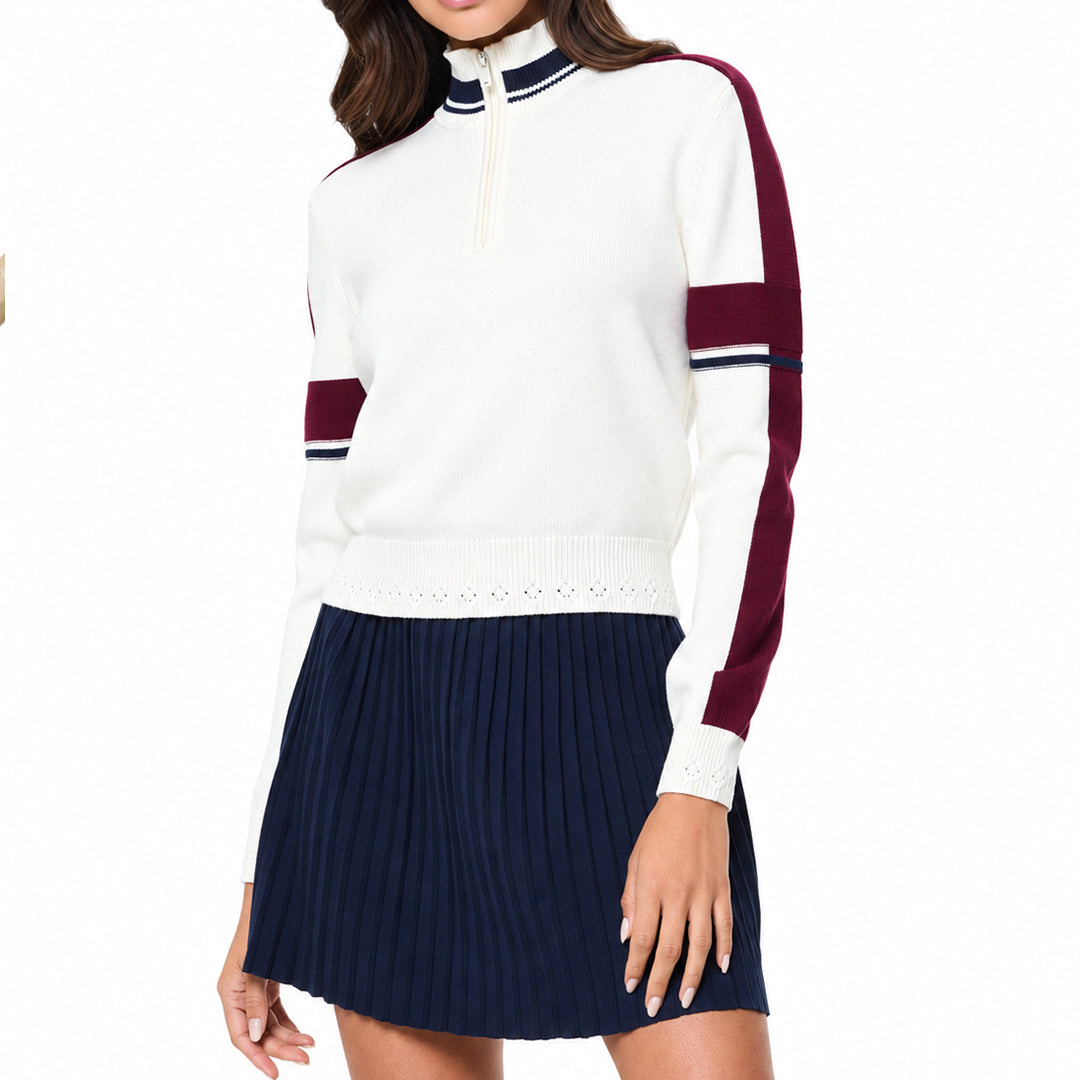 Back view of a white women's knit pullover with burgundy contrast sleeves