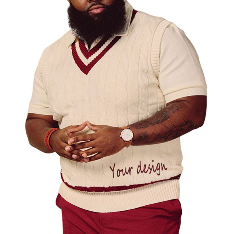 Man wearing cream cable knit vest with maroon trim over short-sleeve shirt and "Your design" embroidery