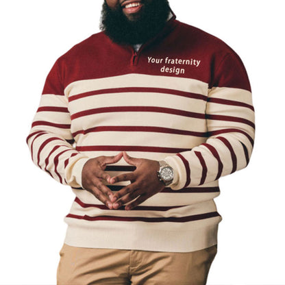 A smiling man wearing a maroon and white striped custom fraternity sweater with the text 'Your fraternity design' on the left chest.