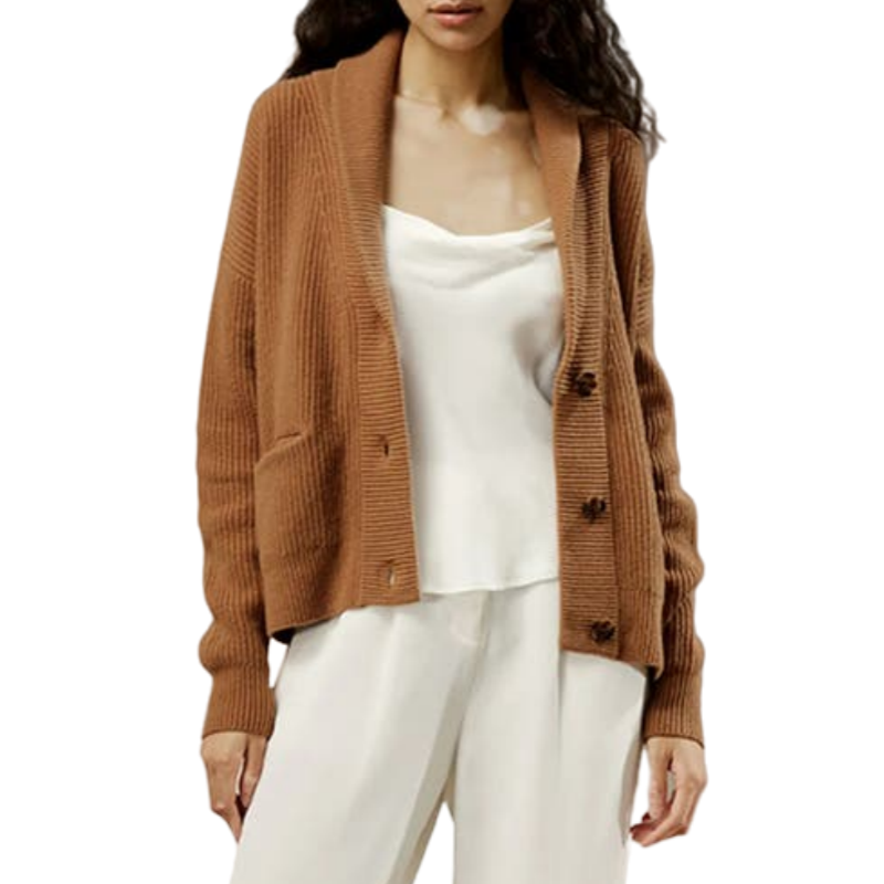 Model wearing a brown wool oversized button-up cardigan over a white blouse.