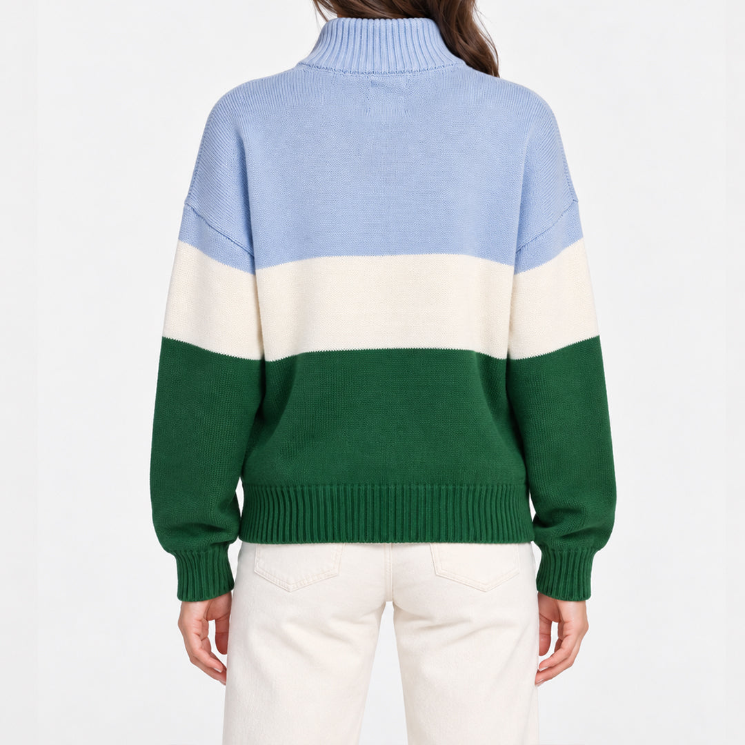 Back view of a blue white and green colour-block golf sweater