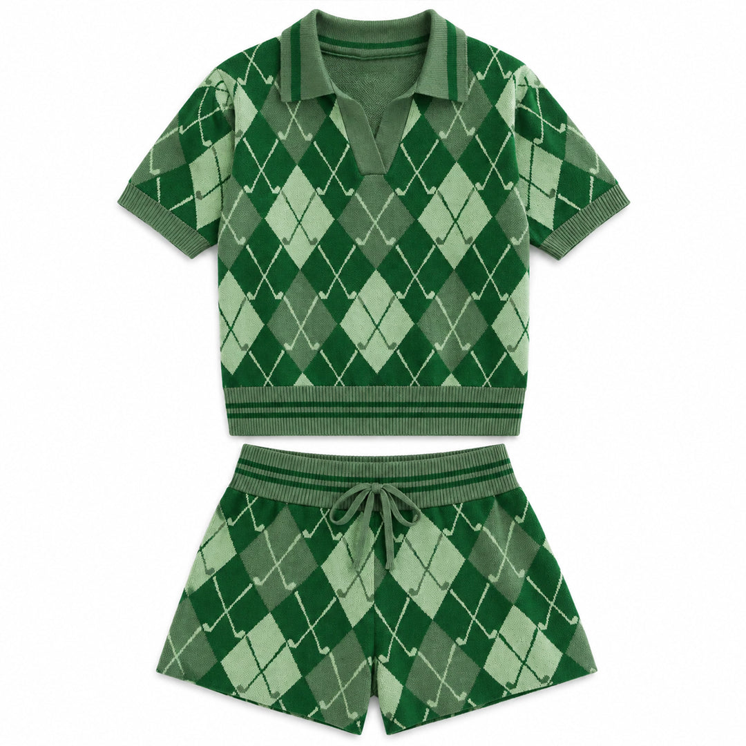 Green geometric argyle knit two-piece set with matching top and skirt