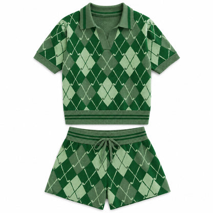 Green geometric argyle knit two-piece set with matching top and skirt