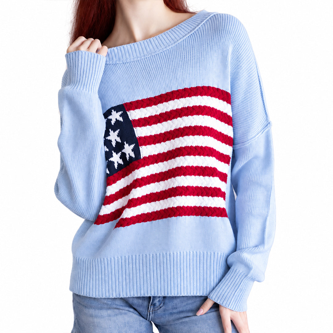 Light blue crew neck sweater with a large American flag graphic on the front