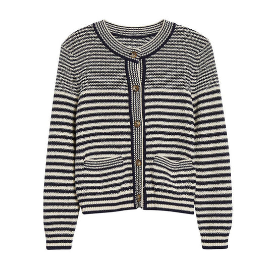 Flat lay of a navy blue and cream striped knit sweater with button-up front and front pockets.