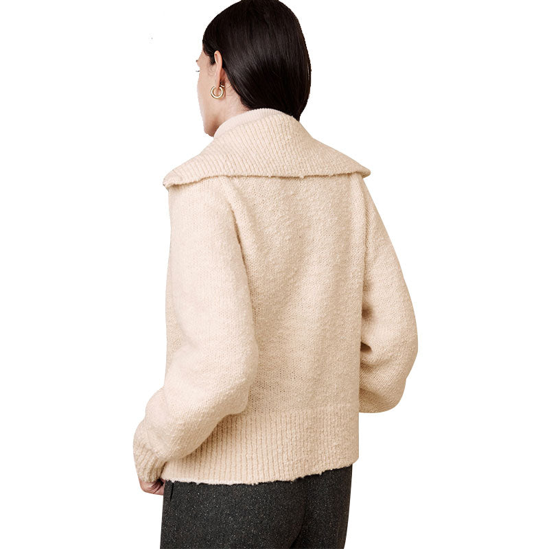 Back View of Beige Custom Cotton Blend Women's Knit Cardigan Sweater with Zipper and Turn-down Collar