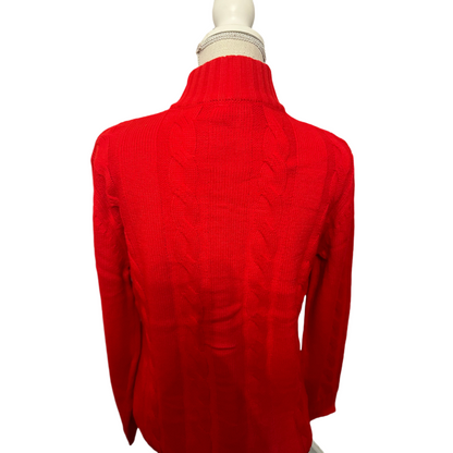 Back view of red cardigan with cable knit pattern and high collar