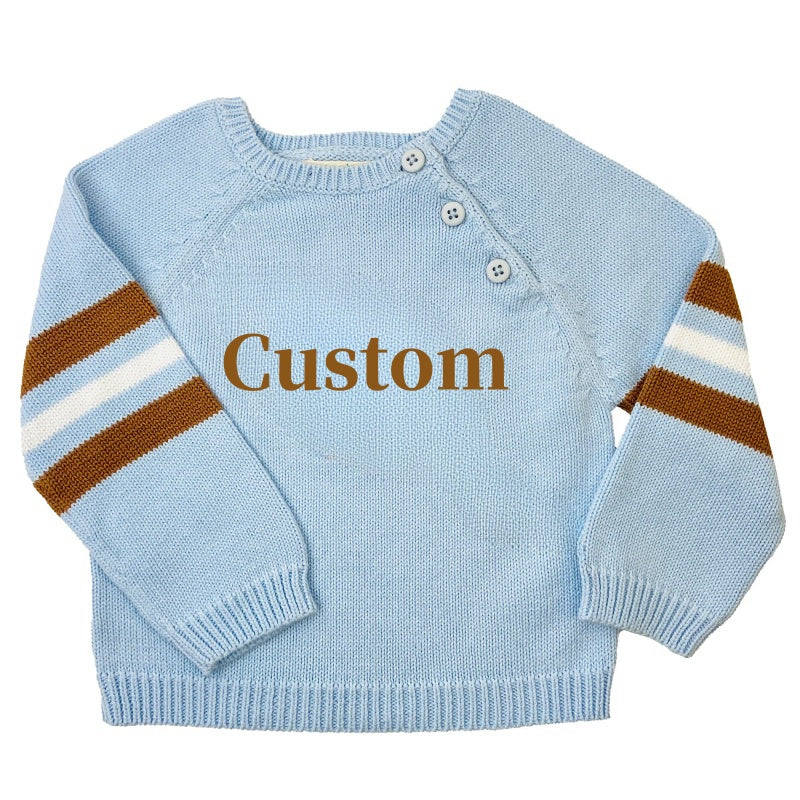 Wholesale Custom Kids Sweater Button Design Striped Pullover Toddler Knitwear 100%Organic Cotton