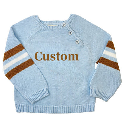 Wholesale Custom Kids Sweater Button Design Striped Pullover Toddler Knitwear 100%Organic Cotton