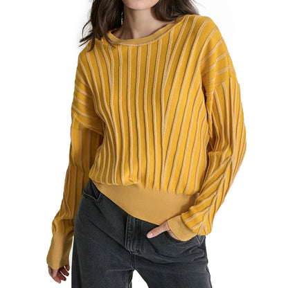 Front view of a yellow women's cotton blend knit pullover sweater with striped design