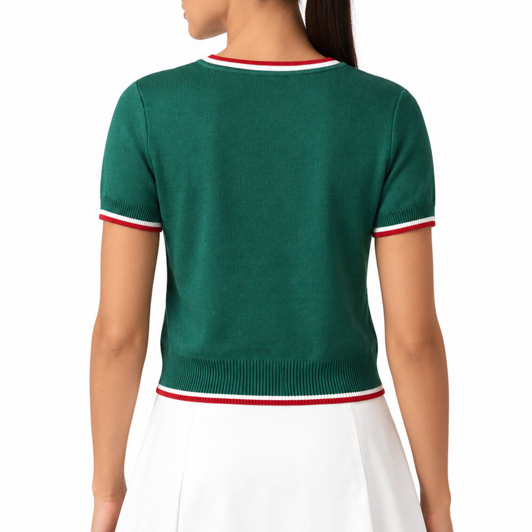 Back view of a plain green short sleeve women's knit sweater