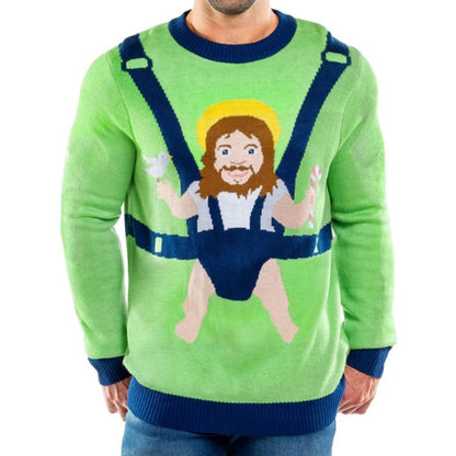 Front view of a custom ugly Christmas sweater featuring a playful Jesus baby carrier design with bright green and blue colors, perfect for quirky holiday celebrations.