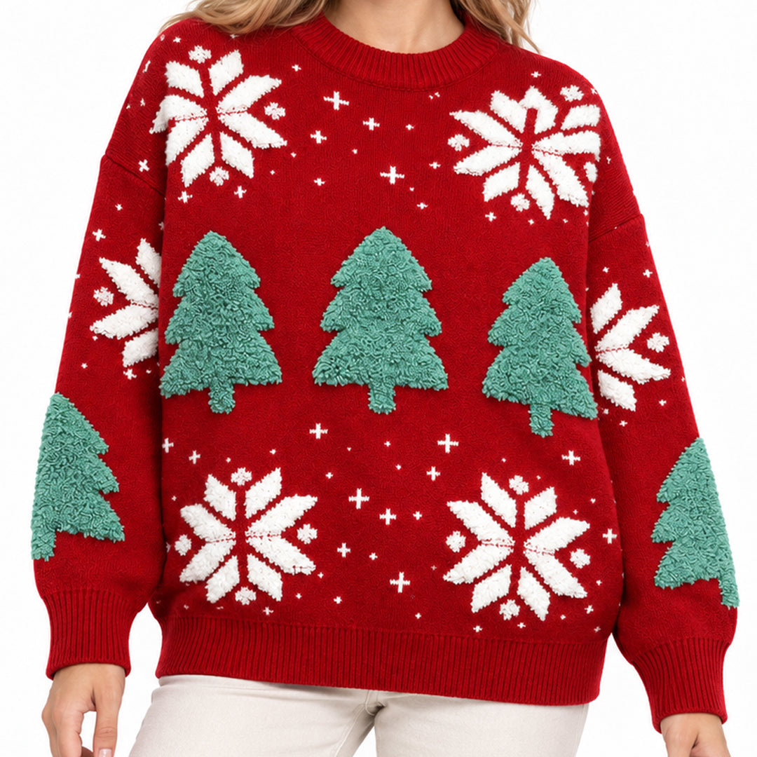 Red Christmas knit sweater with tree and snowflake patterns