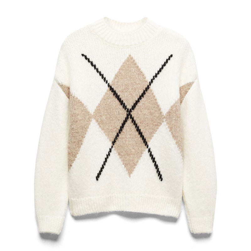 Front view of a cream-colored sweater with a beige and black argyle pattern on the front. The sweater has a textured knit design and ribbed cuffs and hem.