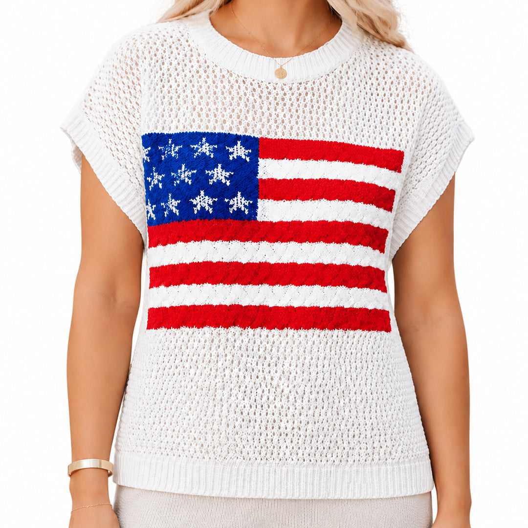 White short sleeve knit sweater featuring an American flag