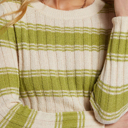 Close-up of stripe rib knit pattern on custom woman sweater