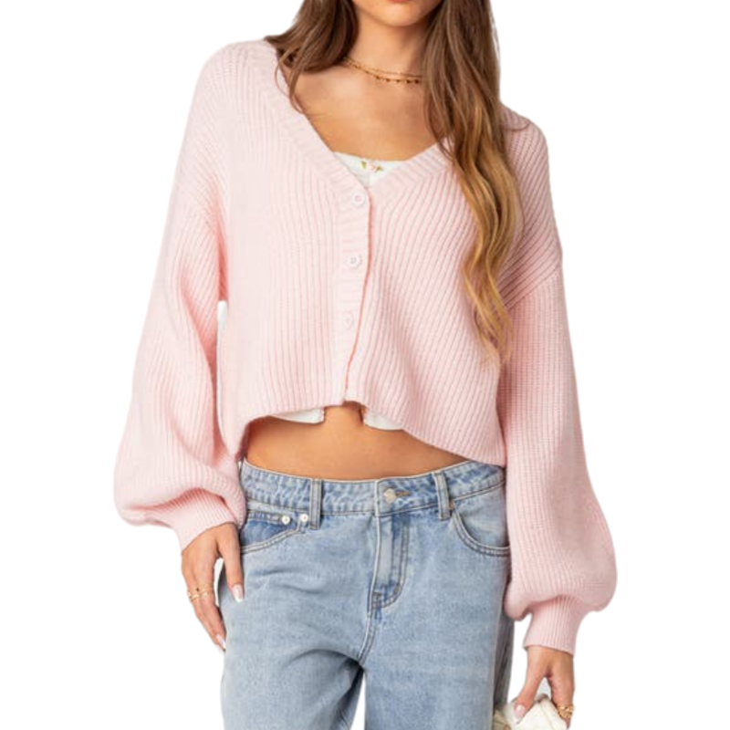 Front view of a pink V-neck button-up knit cardigan, showcasing the solid color and comfortable fit.