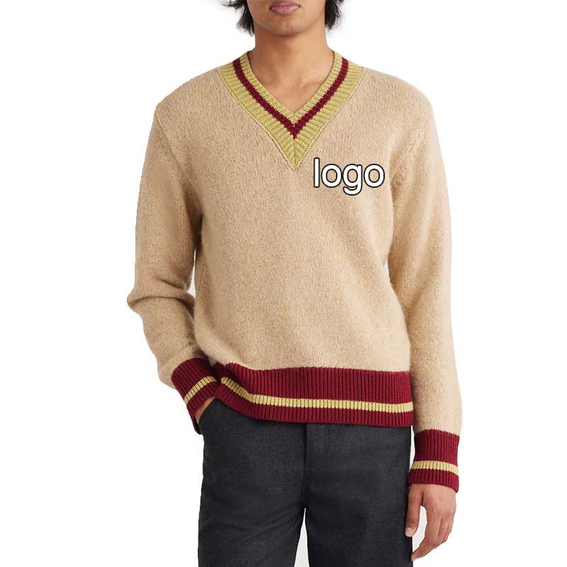 Custom logo striped knit sweater in beige with red and yellow accents, worn by a model, front view.