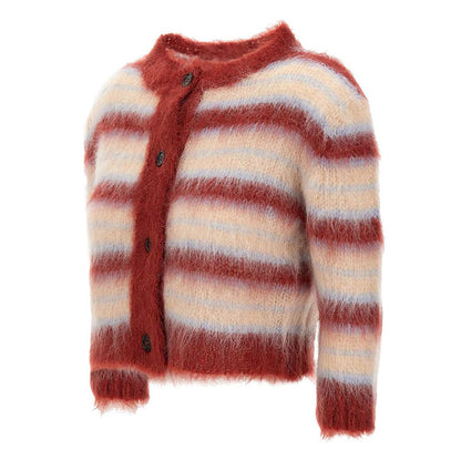 Side view of a custom mohair blend women's striped knit cardigan sweater showcasing its fluffy texture and button front.