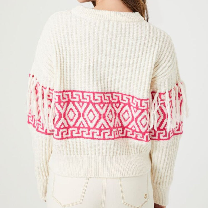 Model wearing a Custom O-neck Fringe-Trim Women’s Knitted Sweater with Ethnic Pattern - Back View