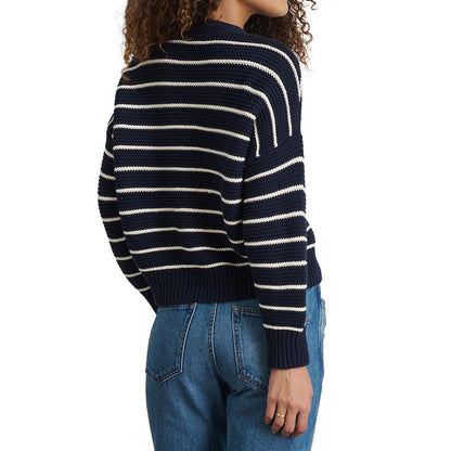 Back view of navy and white striped cardigan on a model - custom sweater manufacturer.