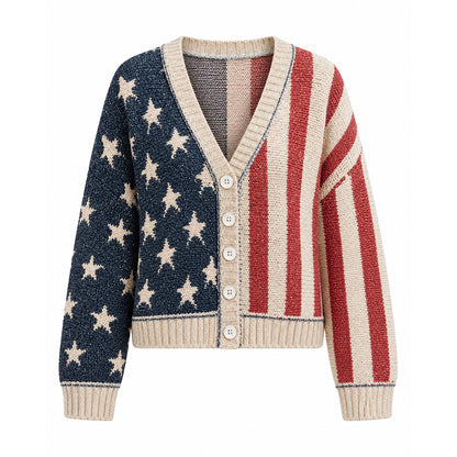 Front view of an American flag V-neck knit cardigan with navy stars and red white stripes