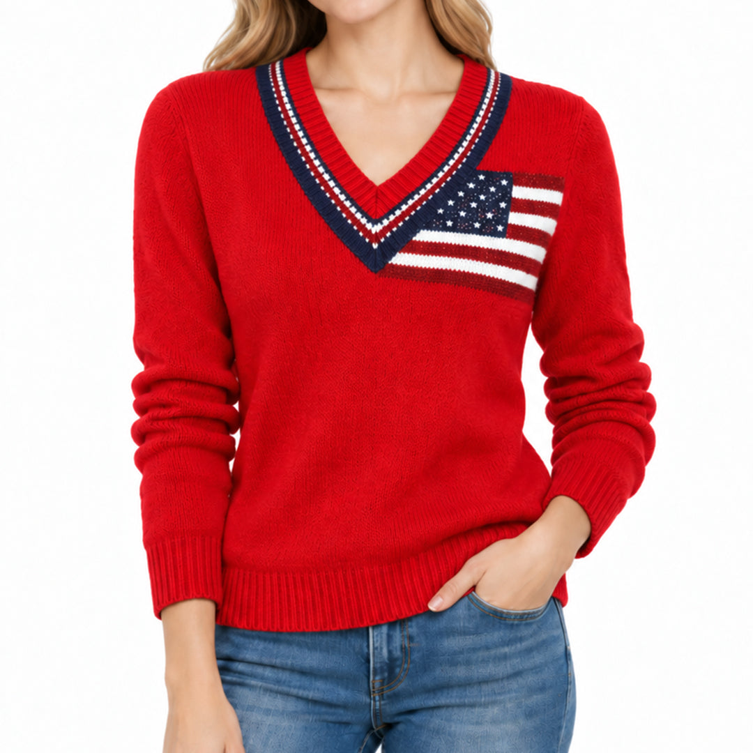 Red American flag V-neck pullover with contrast striped trim