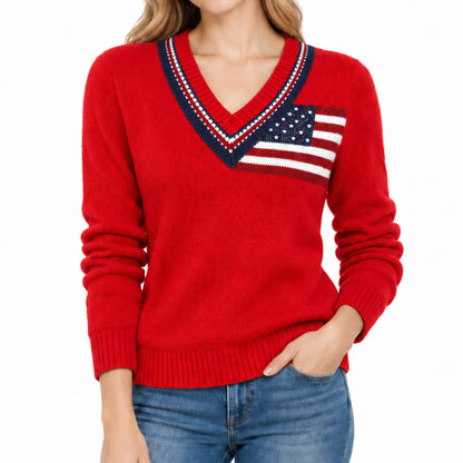 Red American flag V-neck pullover with contrast striped trim
