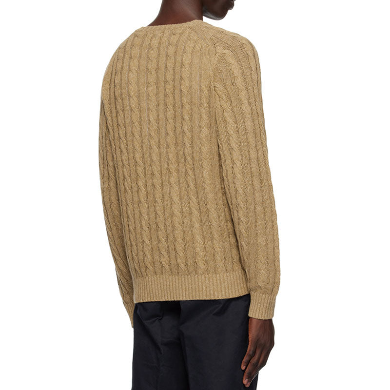 Custom khaki cable knit sweater, made from 100% cotton, worn by a model, back view.