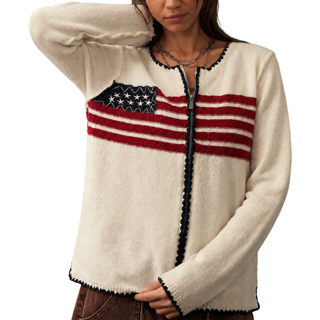 American flag star and stripe knit cardigan with contrast trim