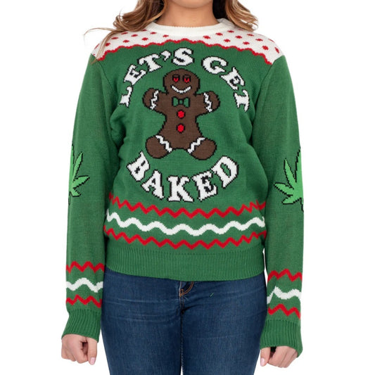 Custom Christmas sweater featuring a green 'Let’s Get Baked' design with a smiling gingerbread man and festive patterns, perfect for holiday celebrations.