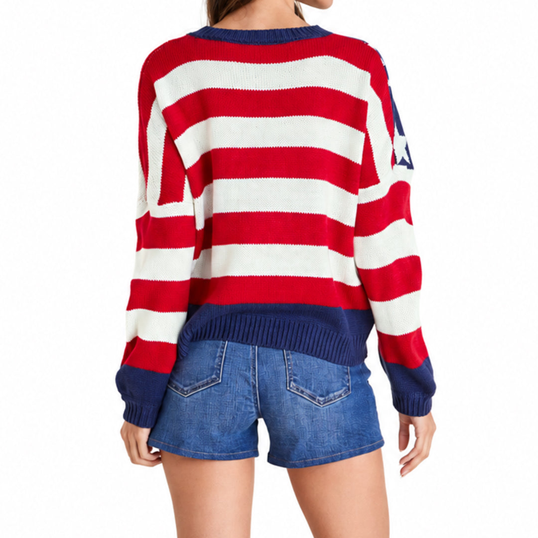 Back view of red and white striped knit sweater with long sleeves