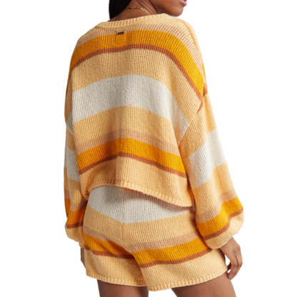 Rear view of a custom cotton blend striped knit sweater set, featuring vibrant yellow, white, and orange stripes. The loose-fit top and matching shorts are shown from the back, highlighting the relaxed and comfortable design.