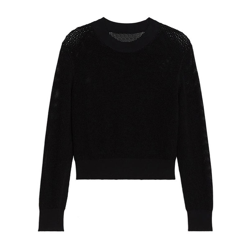 Front view of a black hollow out knit sweater featuring a see-through design, crewneck, long sleeves, and ribbed cuffs and hem.