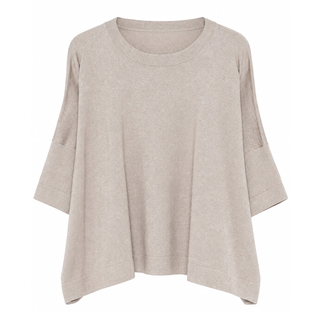 Women's beige boat-neck knit pullover with loose short sleeves