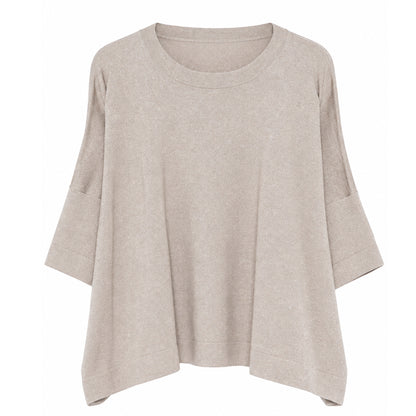 Women's beige boat-neck knit pullover with loose short sleeves