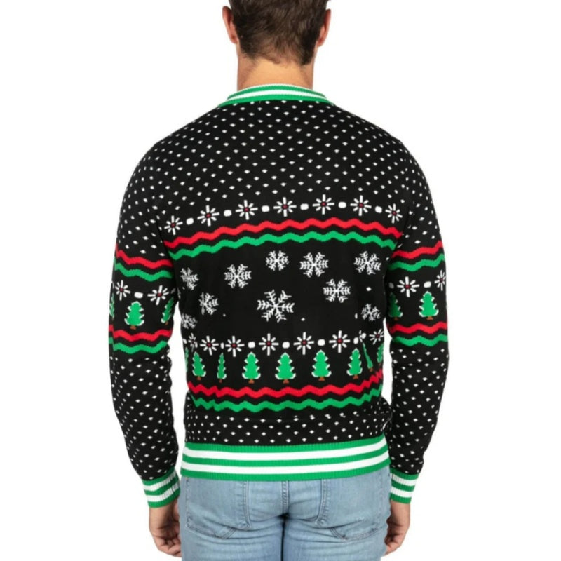 Back view of a custom 100% cotton Christmas dinosaur knit sweater featuring festive snowflakes, Christmas trees, and a colorful green, red, and black pattern.