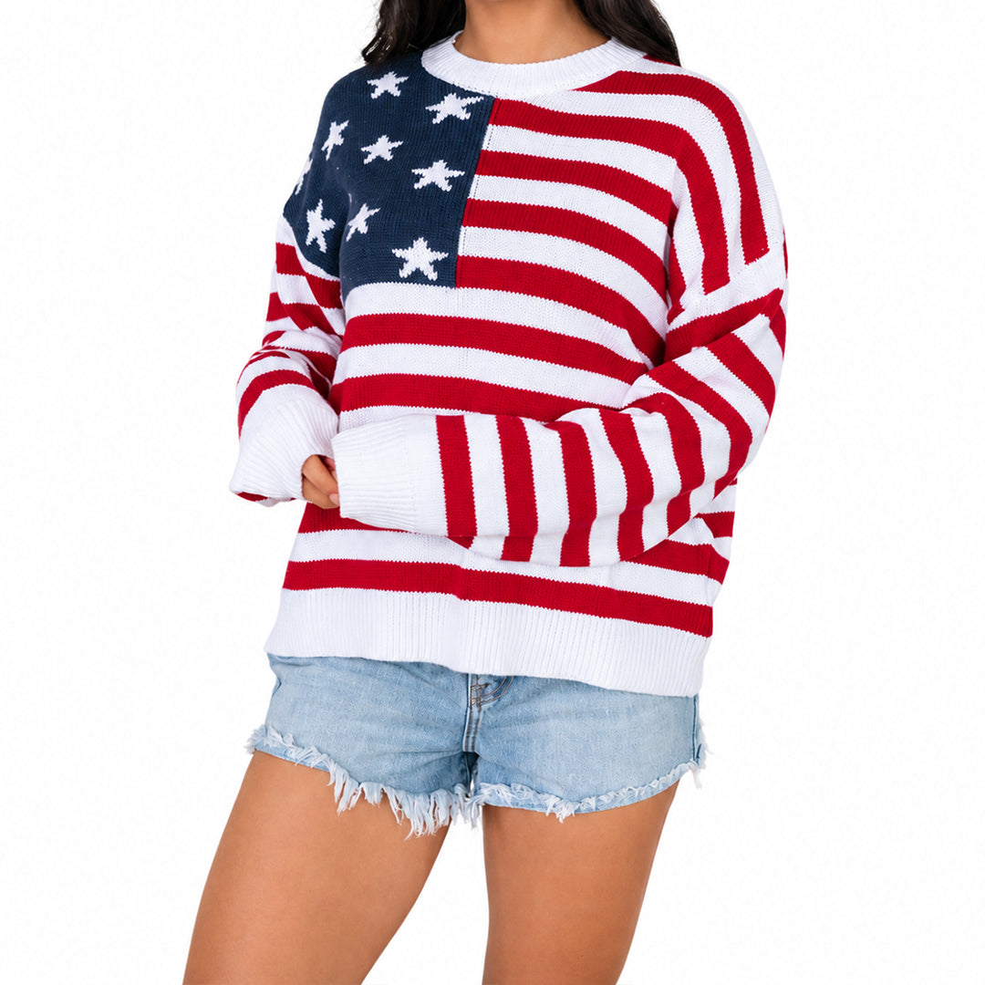 Angled view of American flag striped knit pullover
