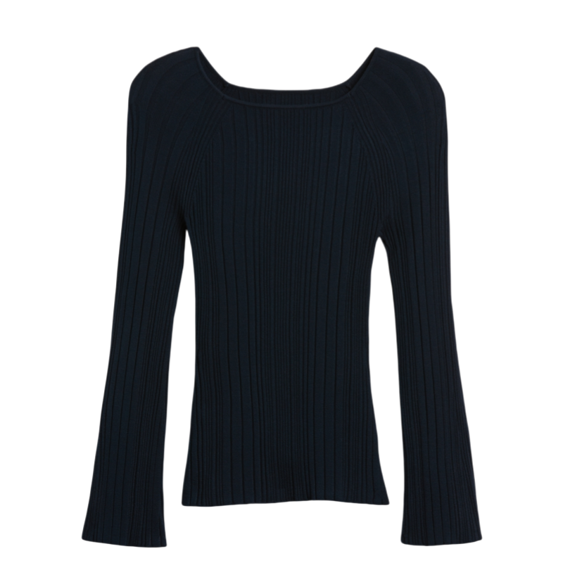 Custom Wholesale Cotton Blend Women's Ribbed Knit Pullover Sweater with Crew Neck and Flare Sleeves