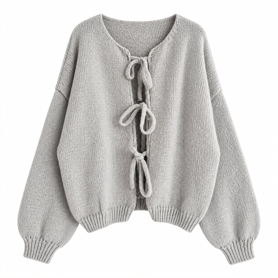 Grey V-neck knit cardigan with front tie fastening