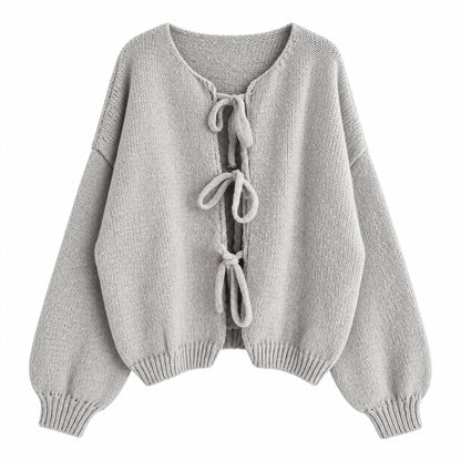 Grey V-neck knit cardigan with front tie fastening