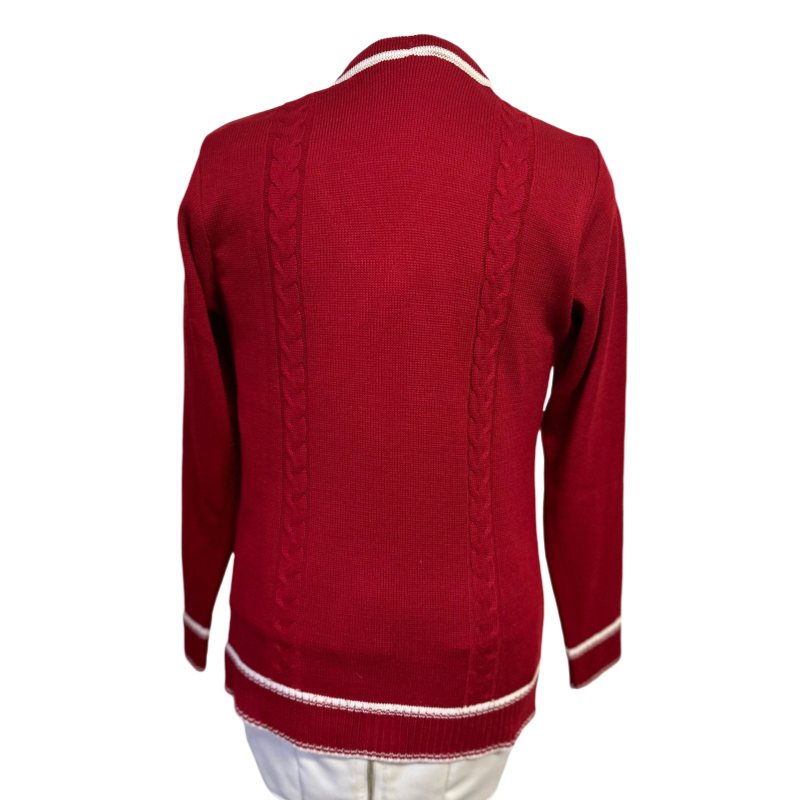 Red cardigan back view with white trim and cable knit details