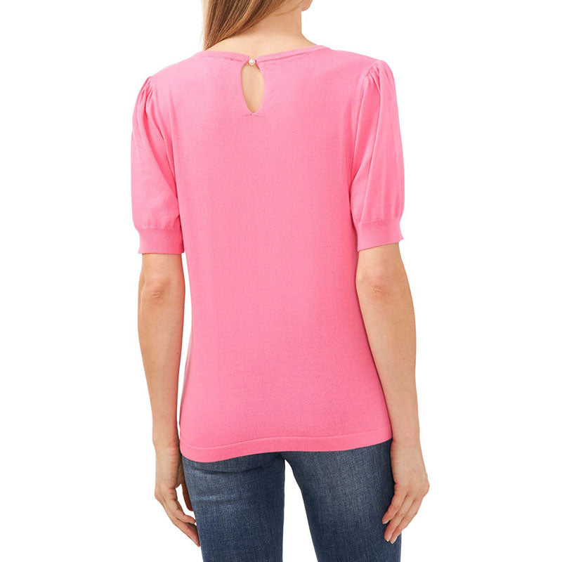 Back view of a pink women's short sleeve solid custom knit sweater