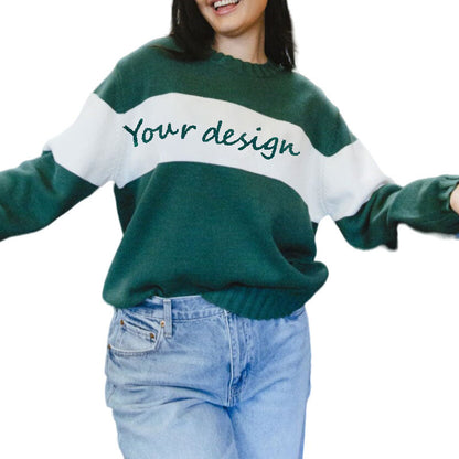 Woman Wearing Custom 100% Cotton Women Knit Pullover Sweater with Retro Varsity Stripe - Front View