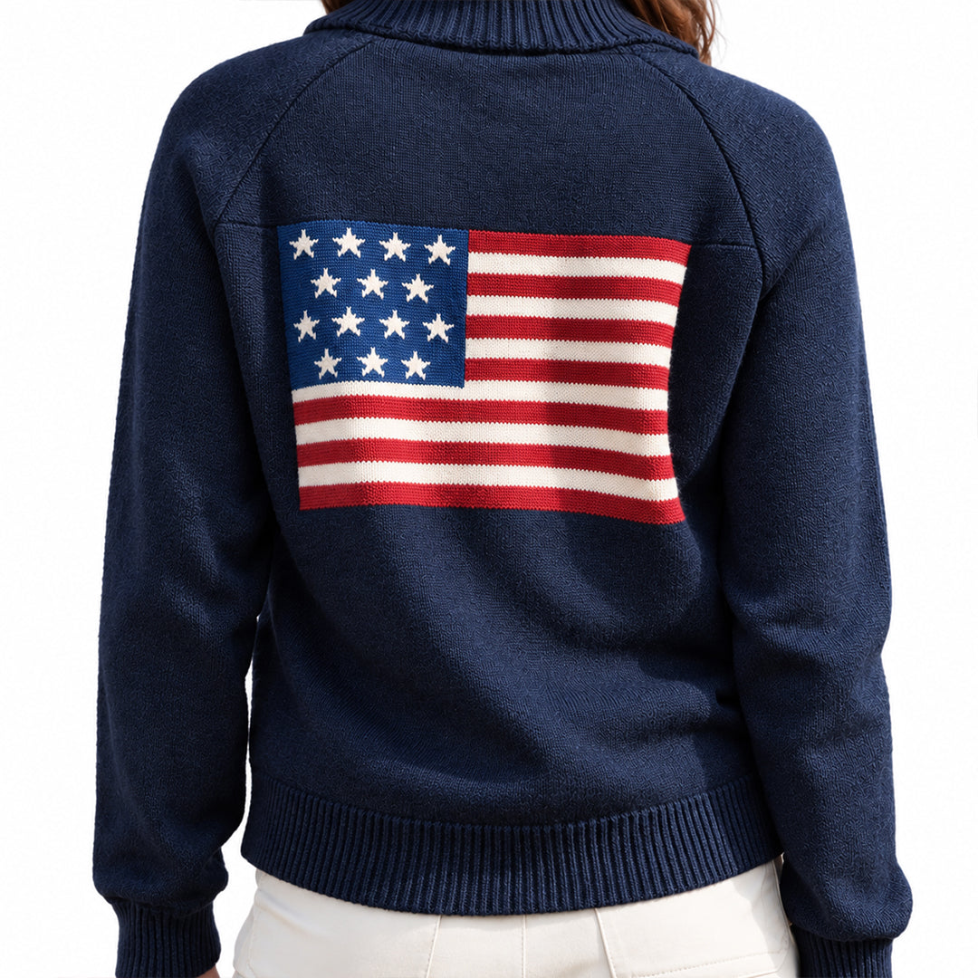 Navy American flag cardigan with large flag graphic on the back
