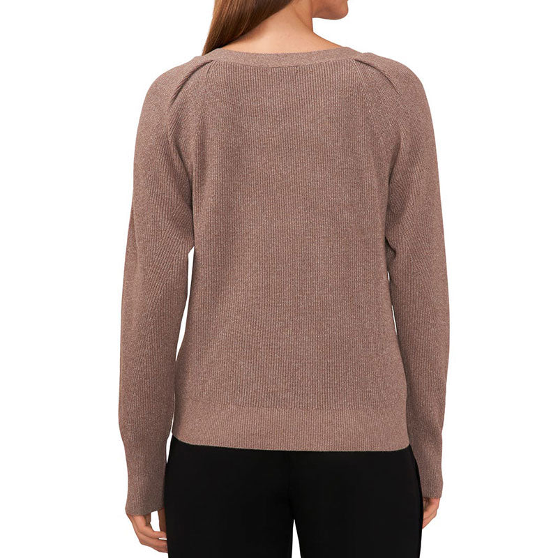 Back view of a custom ribbed knit sweater in a soft brown tone, showcasing the smooth, streamlined fit and subtle texture of the fabric.