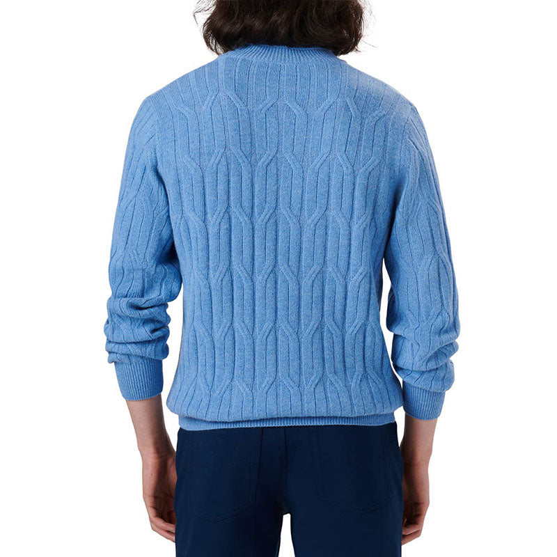 Back view of a blue custom turtleneck sweater showing detailed knit pattern.