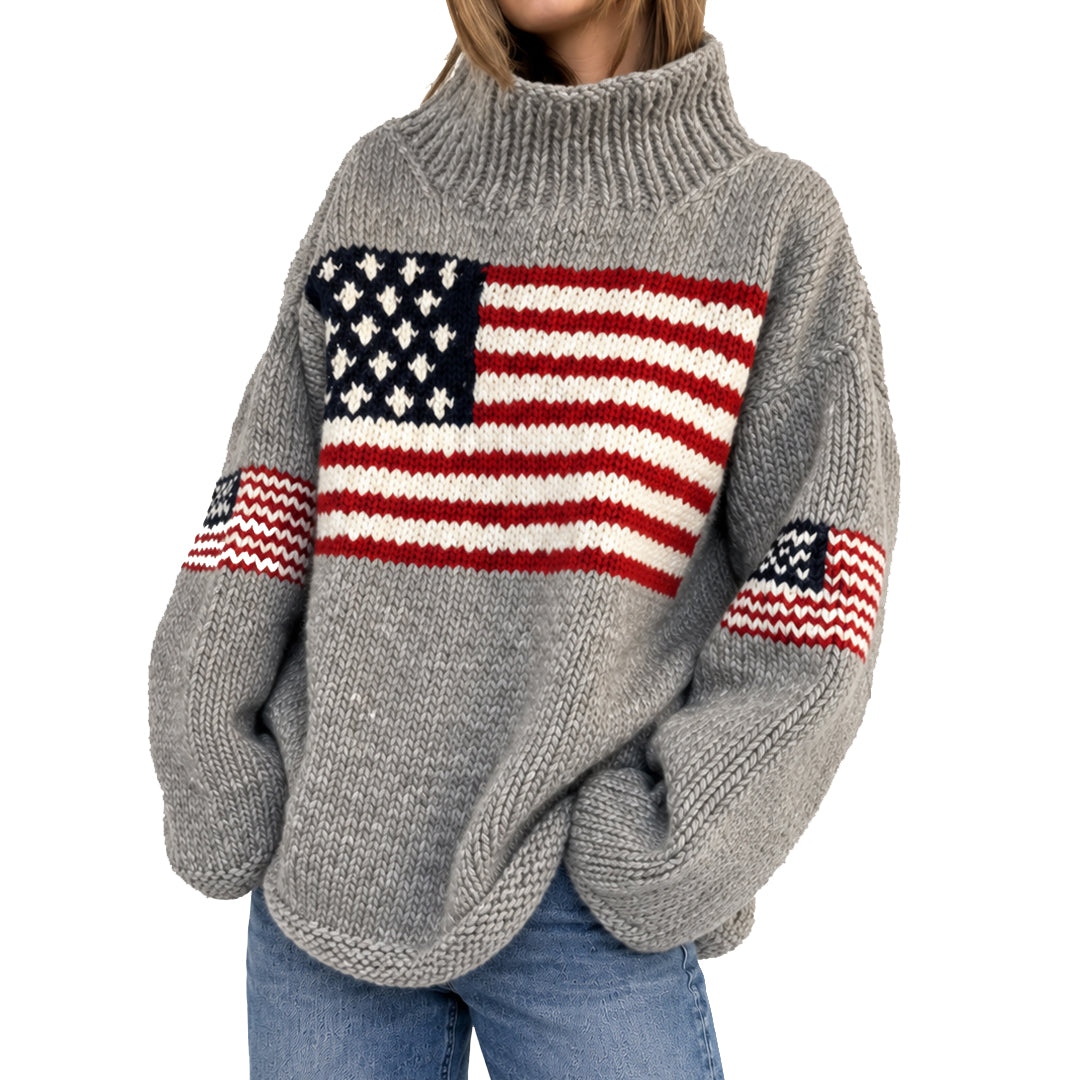 Front angled view of grey patriotic knit pullover with flag design