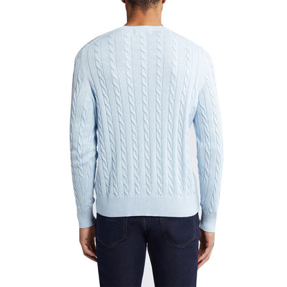 Back view of a light blue cable knit sweater worn by a man, showcasing the detailed cable knit pattern.